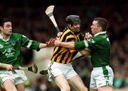 21 April 2002; Stephen Grehan of Kilkenny in action against Mark Foley, right, and Peter Lawlor of Limerick during the Allianz National Hurling League Semi-Final match between Kilkenny and Limerick at Gaelic Grounds in Limerick. Photo by Pat Murphy/Sportsfile