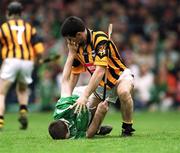 21 April 2002; Philip Larkin of Kilkenny and Donie Ryan of Limerick tussle off the ball during the Allianz National Hurling League Semi-Final match between Kilkenny and Limerick at Gaelic Grounds in Limerick. Photo by Damien Eagers/Sportsfile