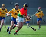 14 April 2002; Thomas Walsh of Carlow in action against Tom Reddington of Roscommon during the Allianz National Hurling League Division 2 Relegation Play-Off match between Carlow and Roscommon at Cusack Park in Mullingar, Westmeath. Photo by Aoife Rice/Sportsfile