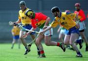 14 April 2002; Thomas Walsh of Carlow in action against John Mulvey of Roscommon during the Allianz National Hurling League Division 2 Relegation Play-Off match between Carlow and Roscommon at Cusack Park in Mullingar, Westmeath. Photo by Aoife Rice/Sportsfile