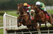 25 April 2002; Eventual winner Moratorium, right, with Paul Carberry up, jumps the last ahead of Cailin's Perk, with Jimmy Mansell up, on his way to win the Sean Barrett Bloodstock Insurances Handicap Hurdle at Punchestown Racecourse in Naas, Kildare. Photo by Aoife Rice/Sportsfile