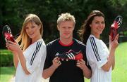 29 April 2002; Republic of Ireland International Damien Duff with models Lizanna Kirwan, left, and Natasha Byram at the launch of The adidas Predator Mania football boot at The Radisson Hotel in Dublin. Photo by David Maher/Sportsfile