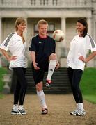 29 April 2002; Republic of Ireland International Damien Duff with models Lizanna Kirwan, left, and Natasha Byram at the launch of The adidas Predator Mania football boot at The Radisson Hotel in Dublin. Photo by David Maher/Sportsfile