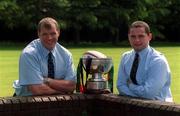 29 April 2002; Cork Constitution captain Ultan O'Callaghan, left, and Shannon captain David Quinlan with the AIB League Division 1 trophy at a photocall ahead of the AIB All-Ireland League Division 1 final between Shannon and Cork Cork Constitution at Lansdowne Road on Saturday next. Photo by Brendan Moran/Sportsfile