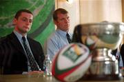 29 April 2002; Shannon captain David Quinlan, left, and Cork Constitution captain Ultan O'Callaghan pictured with the AIB League Division 1 trophy in the foreground at a photocall ahead of the AIB All-Ireland League Division 1 final between Shannon and Cork Cork Constitution at Lansdowne Road on Saturday next. Photo by Brendan Moran/Sportsfile