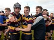 2 April 2017; Ben Jenkinson, left, Ruairi Woods, centre, and Robbie Jenkinson of Skerries celebrate following their side's victory during the Bank of Ireland Provincial Towns Cup Semi-Final match between Wicklow and Skerries at Cill Dara RFC in Dunmurray West, Co Kildare. Photo by Seb Daly/Sportsfile