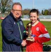 2 April 2017; Ben O’Looney of the FAI presents Emily Whelan of Shelbourne LFC with the player of the match award after the FAI Women’s U16 Cup Final match between Shelbourne LFC and Enniskerry FC at Home Farm FC in Whitehall, Dublin. Photo by Stephen McMahon/Sportsfile