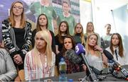 4 April 2017; Stephanie Roche, left, of the Republic of Ireland Women's National Team speaks alongside Aine O'Gorman, from centre left, captain Emma Byrne, and Karen Duggan, and other team-mates during a women's national team press conference at Liberty Hall in Dublin. Photo by Cody Glenn/Sportsfile