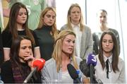 4 April 2017; Republic of Ireland Women's National Team captain Emma Byrne, centre, speaks alongside Aine O'Gorman, left, Karen Duggan, right, and other team-mates during a women's national team press conference at Liberty Hall in Dublin. Photo by Cody Glenn/Sportsfile