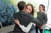 4 April 2017; Karen Duggan of Republic of Ireland hugs Ollie Cahill of the PFAI following a women's national team press conference at Liberty Hall in Dublin. Photo by Cody Glenn/Sportsfile