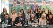 4 April 2017; PFAI Solicitor Stuart Gilhooly, second from left, speaks alongside Ollie Cahill, left, of PFAI, Ethel Buckley, third from left, SIPTU Services Division and Republic of Ireland Women's National Team players during a women's national team press conference at Liberty Hall in Dublin. Photo by Cody Glenn/Sportsfile