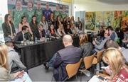 4 April 2017; PFAI Solicitor Stuart Gilhooly, second from left, speaks alongside Ollie Cahill, left, of PFAI, Ethel Buckley, third from left, SIPTU Services Division and 14 Republic of Ireland Women's National Team players during a women's national team press conference at Liberty Hall in Dublin. Photo by Cody Glenn/Sportsfile