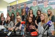 4 April 2017; Republic of Ireland Women's National Team captain Emma Byrne speaks alongside Aine O'Gorman, Stephanie Roche, representatives and other team-mates during a women's national team press conference at Liberty Hall in Dublin. Photo by Cody Glenn/Sportsfile