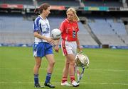 20 September 2011; Ahead of the TG4 Ladies Football All-Ireland Finals taking place this Sunday in Croke Park, the captains and managers from all six competing counties met in Crokes Park. Cork captain Amy O'Shea, right, and Monaghan captain Sharon Courtney, with the Brendan Martin Cup ahead of the TG4 Senior Final which throws in at 4pm. 2011 TG4 All-Ireland Ladies Football Final Captain's Day, Croke Park, Dublin. Picture credit: David Maher / SPORTSFILE