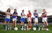 20 September 2011; Ahead of the TG4 Ladies Football All-Ireland Finals taking place this Sunday in Croke Park, the captains and managers from all six competing counties met in Crokes Park. Players from all counties pictured, from left to right, Caitríona McKeon, Wicklow, Rosie O'Reilly, New York, Sharon Courtney, Monaghan, Amy O'Shea, Cork, Aisling Doonan, Cavan, and Elaine Finn, Westmeath, ahead of the TG4 Senior Final which throws in at 4pm. 2011 TG4 All-Ireland Ladies Football Final Captain's Day, Croke Park, Dublin. Picture credit: David Maher / SPORTSFILE