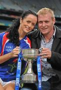 20 September 2011; Ahead of the TG4 Ladies Football All-Ireland Finals taking place this Sunday in Croke Park, the captains and managers from all six competing counties met in Crokes Park. New York captain Rosie O'Reilly, who was recently married to Donal Broderick, are pictured with the West County Hotel Cup ahead of the TG4 Junior Final which throws in at 12pm. 2011 TG4 All-Ireland Ladies Football Final Captain's Day, Croke Park, Dublin. Picture credit: David Maher / SPORTSFILE