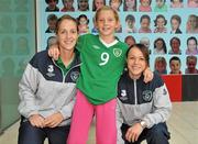 20 September 2011; Republic of Ireland players Yvonne Tracy, left, and Aine O'Gorman, with Caitlin O'Sullivan, age 10, from Killiney Heights, Cork, during the senior women’s team visit to Douglas Village Shopping Centre, Cork, ahead of their UEFA EURO 2013 qualifier against France which takes place on Thursday, September 22nd in Turners Cross, Cork, at 7.45pm. Douglas Village Shopping Centre, Cork. Picture credit: Diarmuid Greene / SPORTSFILE