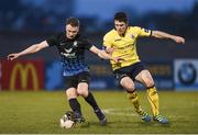 4 April 2017;  Cormac Raftery of Athlone Town in action against David O'Sullivan of Longford Town during the EA Sports Cup First Round match between Athlone Town and Longford Town at Athlone Town Stadium in Athlone, Co Westmeath. Photo by David Maher/Sportsfile