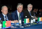 5 April 2017; UEFA Executive Committee election candidate John Delaney, Republic of Ireland, with Michael Cody, left, Honorary Secretary, FAI, and the FAI President Tony Fitzgerald, right, during the 41st Ordinary UEFA Congress in Helsinki, Finland. Photo by Harold Cunningham - UEFA/UEFA via Sportsfile