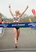 9 April 2017; Gemma Steel of England celebrates as she crosses the line to win the Elite Women's Great Ireland Run at Phoenix Park, in Dublin. Photo by Seb Daly/Sportsfile