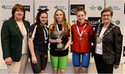 9 April 2017; Mary Dunne, Swim Ireland President, and Cllr Eithne Loftus, Deputy Mayor of Fingal County Council, with the Women's 200m Individual Medley medallists, from left, Ellen Walshe, Templeogue Swim Club, Dublin, silver, Shannon Russell of Lurgan Swim Club, Co. Armagh, gold, and Rebecca Reid of Ards Swim Club, Co. Down, bronze, during the 2017 Irish Open Swimming Championships at the National Aquatic Centre in Dublin. Photo by Seb Daly/Sportsfile