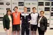 9 April 2017; Mary Dunne, Swim Ireland President, and Cllr Eithne Loftus, Deputy Mayor of Fingal County Council, with the Men's 200m Individual Medley medallists, from left, Ben Griffin, of NCD Trojan Swim Club, silver, James Brown of Ards Swim Club, Co. Down, gold, and Alan Corby of NCL Limerick, Co. Limerick, bronze, during the 2017 Irish Open Swimming Championships at the National Aquatic Centre in Dublin. Photo by Seb Daly/Sportsfile