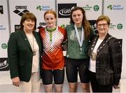 9 April 2017; Mary Dunne, Swim Ireland President, and Cllr Eithne Loftus, Deputy Mayor of Fingal County Council, with the Women's 50m Backstroke medallists, from left, Danielle Hill of Larne Swim Club, Co. Antrim, gold, and Kate Kavanagh of UCD, Co. Dublin, during the 2017 Irish Open Swimming Championships at the National Aquatic Centre in Dublin. Photo by Seb Daly/Sportsfile