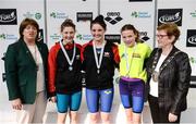 9 April 2017; Mary Dunne, Swim Ireland President, and Cllr Eithne Loftus, Deputy Mayor of Fingal County Council, with the Women's 1500m Freestyle medallists, from left, Leah Bethal of Lisburn Swim Club, Co. Antrim, silver, Leah Bethal of Lisburn Swim Club, Co. Antrim, gold, and Jessica Gannon of Comans Swim Club, Co. Roscommon, bronze, during the 2017 Irish Open Swimming Championships at the National Aquatic Centre in Dublin. Photo by Seb Daly/Sportsfile