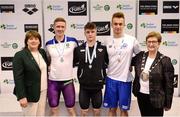9 April 2017; Mary Dunne, Swim Ireland President, and Cllr Eithne Loftus, Deputy Mayor of Fingal County Council, with the Men's 50m Backstroke medallists, from left, David Prendergast, UCD Swim Club, Dublin, silver, Conor Ferguson of Bangor Swim Club, Co. Down, gold, and Louis Dulondel of Viking Swim Club, Rouen, during the 2017 Irish Open Swimming Championships at the National Aquatic Centre in Dublin. Photo by Seb Daly/Sportsfile