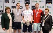 9 April 2017; Mary Dunne, Swim Ireland President, and Cllr Eithne Loftus, Deputy Mayor of Fingal County Council, with the Men's 200m Breaststroke medallists, from left, Daniel Lim of Edinburgh University, silver, Nicholas Quinn of Castlebar Swim Club, Co. Mayo, gold, and Dan Sweeney of Sundays Well, Co. Cork, bronze, during the 2017 Irish Open Swimming Championships at the National Aquatic Centre in Dublin. Photo by Seb Daly/Sportsfile