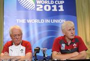 3 October 2011; Ireland backs coach Alan Gaffney, left, and team manager Paul McNaughton during a press conference ahead of their 2011 Rugby World Cup Quarter-Final against Wales. Ireland Rugby Squad Press Conference, Intercontinental Hotel, Wellington, New Zealand. Picture credit: Brendan Moran / SPORTSFILE