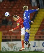 3 October 2011; Kevin Dawson, Shelbourne FC, in action against David O'Leary, Limerick FC. FAI Ford Cup Quarter-Final, Shelbourne FC v Limerick FC, Tolka Park, Dublin. Picture credit: Pat Murphy / SPORTSFILE