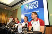 4 October 2011; Ireland's Tommy Bowe, in the company of team-mate Sean Cronin and kicking coach Mark Tainton, during a press conference ahead of their 2011 Rugby World Cup Quarter-Final against Wales on Saturday. Ireland Rugby Press Conference, Intercontinental Hotel, Wellington, New Zealand. Picture credit: Brendan Moran / SPORTSFILE