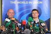 5 October 2011; Ireland head coach Declan Kidney and captain Brian O'Driscoll during a press conference ahead of their 2011 Rugby World Cup Quarter-Final against Wales on Saturday. Ireland Rugby Press Conference, Intercontinental Hotel, Wellington, New Zealand. Picture credit: Brendan Moran / SPORTSFILE