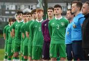 13 April 2017; Republic of Ireland captain Darryl Walsh stands with his team-mates for the National Anthem before the start of the Centenary Shield match between Republic of Ireland U18s and England at Home Farm FC in Whitehall, Dublin. Photo by Matt Browne/Sportsfile