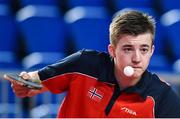 15 April 2017; Sondre Berner of Norway in action against Sean Doherty of Scotland during the European Table Tennis Championships Final Qualifier match between Scotland and Norway at the National Indoor Arena in Dublin. Photo by Matt Browne/Sportsfile