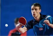 15 April 2017; Sean Doherty of Scotland in action against Sondre Berner of Norway during the European Table Tennis Championships Final Qualifier match between Scotland and Norway at the National Indoor Arena in Dublin. Photo by Matt Browne/Sportsfile