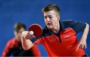 15 April 2017; Sondre Berner of Norway in action against Sean Doherty of Scotland during the European Table Tennis Championships Final Qualifier match between Scotland and Norway at the National Indoor Arena in Dublin. Photo by Matt Browne/Sportsfile