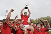 5 October 2011; Munster captain Niall Fitzgerald and his team-mates celebrate with the cup. Nivea for Men Under 18 Schools Interprovincial, Leinster 'A' Schools v Munster 'A' Schools, Donnybrook Stadium, Donnybrook, Dublin. Picture credit: Brian Lawless / SPORTSFILE