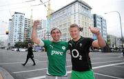 5 October 2011; Ireland supporters James Lyons, left, and Barry Fitzgerald, from Blackrock, Co. Dublin, who have moved to Wellington, cheer on the team ahead of their 2011 Rugby World Cup Quarter-Final against Wales. Wellington, New Zealand. Picture credit: Brendan Moran / SPORTSFILE