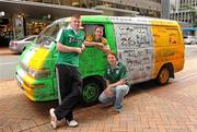 7 October 2011; Ireland supporters, from left, Daniel O'Connor, Letterkenny, Co. Donegal, Daniel McLoughlin, Buncrana, Co. Donegal and Kevin O'Connor, Co. Donegal, with their van parked outside the team hotel in Wellington ahead of the 2011 Rugby World Cup Quarter-Final between Ireland and Wales on Saturday. Ireland Rugby Supporters in Wellington, New Zealand. Picture credit: Brendan Moran / SPORTSFILE