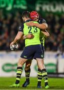 15 April 2017; Barry Daly, 23, is congratulated by his Leinster team-mate Josh van der Flier after scoring his side's fifth try during the Guinness PRO12 Round 20 match between Connacht and Leinster at the Sportsground in Galway. Photo by Stephen McCarthy/Sportsfile