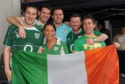 8 October 2011; Ireland supporters, from left, Sean Hehir, Hospital, Co. Limerick, Darragh Kinch, Tralee, Co. Kerry, Clare Griffin, Dundalk, Co. Louth, Shane Hennessy, Castlegregory, Co. Kerry, Darragh O'Neill, Camp, Co. Kerry, and Andy Dillane, Tallaght, Dublin, before the game. 2011 Rugby World Cup, Quarter-Final, Wellington Regional Stadium, Wellington, New Zealand. Picture credit: Brendan Moran / SPORTSFILE