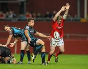 8 October 2011; Danny Barnes, Munster, attempts to block down the kick from Rhys Webb, Ospreys. Celtic League, Munster v Ospreys, Thomond Park, Limerick. Picture credit: Diarmuid Greene / SPORTSFILE