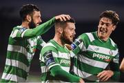 17 April 2017; Brandon Miele, centre, of Shamrock Rovers celebrates after scoring his side's second goal with teammates David Webster and Sam Bone during the EA Sports Cup second round game between Shamrock Rovers and Bohemians at Tallaght Stadium in Tallaght, Dublin. Photo by David Maher/Sportsfile