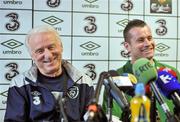 10 October 2011; Republic of Ireland manager Giovanni Trapattoni with captain Shay Given during a press conference ahead of their EURO 2012 Championship Qualifier against Armenia tomorrow. Republic of Ireland Press Conference, Grand Hotel, Malahide, Dublin. Picture credit: David Maher / SPORTSFILE