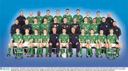 12 February 2002; The Republic of Ireland squad. Back Row from l to r; Lee Carsley, Clinton Morrison, Richard Dunne, Andy O'Brien, Niall Quinn, Gary Breen, Mark Kennedy, Steve Finnan, Mick Byrne, Physio. Middle Row from l to r; Joe Walsh, Equipment Officer, John Fallon, Umbro, Colin Healy, Kenny Cunningham, Alan Kelly, Shay Given, Dean Kiely, Richard Sadlier, Stephen Reid, Packie Bonner, Goalkeeping Coach, Tony Hickey, Head of Security. front Row from l to r; Matt Holland, Damien Duff, Jason McAteer, Kevin Kilbane, Mick McCarthy, Manager, Roy Keane, Ian Evans, Assistant Manager, Gary Kelly, Robbie Keane, Ian Harte, Steve Staunton. Soccer. Picture credit; Ray McManus / SPORTSFILE