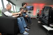 13 October 2011; Formula 1 enthusiasts Kieran Donaghy, Kerry footballer, and Bernard Dunne, retired boxer, with Jamie Barbour, Xbox, lined out earlier today to unveil the latest installment of Forza Motorsport 4 at the exclusive Forza Motorsport 4 event at Mondello Park International Racing Circuit. The release of “Forza Motorsport 4” across Ireland will usher in a new dawn for racing games and automotive entertainment. Developed by Turn 10 Studios and published by Microsoft Studios exclusively for Xbox 360, “Forza Motorsport 4” has set a new industry standard in this latest installment to the acclaimed “Forza Motorsport” franchise, the highest rated racing franchise of this generation. Mondello, Donore, Naas, Co. Kildare. Picture credit: Pat Murphy / SPORTSFILE