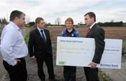 14 October 2011; Pictured at Kilglass Gaels GAA Club in Roscommon are, from left, Tommy Dehan, Kilglass Gaels Club Chairman, Stephen McDermot, Commercial Manager Ulster Bank Longford, Nuala Diffley, Kilglass Gaels Club Registrar and Paul Beisty, Business Manager, Ulster Bank Roscommon. Kilglass Gaels GAA Club in Roscommon received a major boost as Ulster Bank announced the winners of ‘Ulster Bank GAA Force’ – a major club focused initiative supporting local GAA clubs by giving them the opportunity to refurbish and upgrade their facilities. Ulster Bank GAA Force was introduced this summer to coincide with Ulster Bank’s sponsorship of the GAA Football All-Ireland Championships. Kilglass Gaels GAA Club was awarded a support package worth €5,000 as one of four provincial runners-up in the Ulster Bank GAA Force initiative. Kilglass Gaels GAA Club, Knockhall, Rooskey, Co. Roscommon. Picture credit: Oliver McVeigh / SPORTSFILE