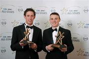 21 October 2011; GAA GPA All-Star Hurler of the Year Micheal Fennelly, Kilkenny, left, and GAA GPA All-Star Young Hurler of the Year Liam Rushe, Dublin, at the GAA GPA All-Star Awards 2011 sponsored by Opel. National Convention Centre, Dublin. Picture credit: Stephen McCarthy / SPORTSFILE